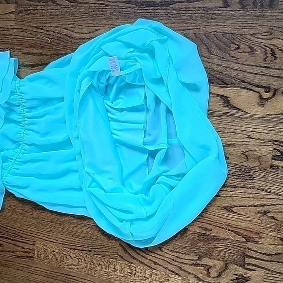 Blue Maxi Sheer Ruffled Embroidered Racerback Straps Flowy Babydoll Halter Dress - Picture 11 of 16